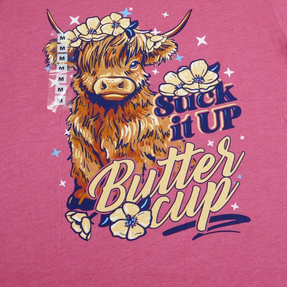 Lulu Mac T-Shirt Womens M Pink Suck It Up Buttercup Highland Cow Graphic Tee NWT
